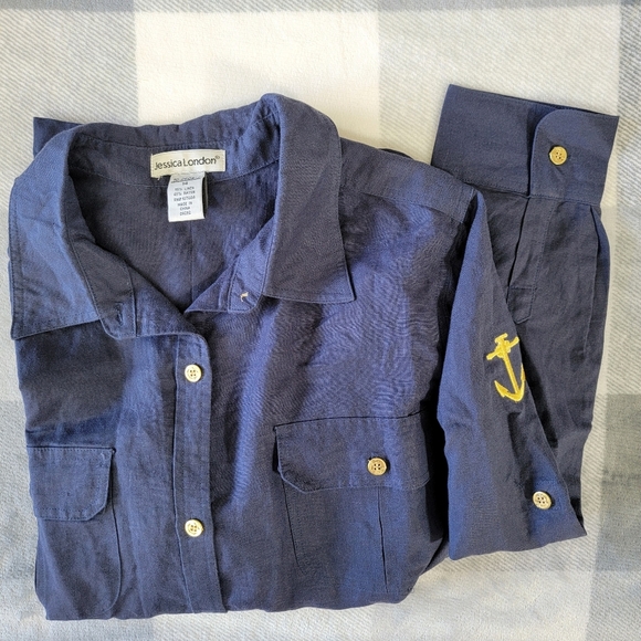 Jessica London Linen Blend Women's Roll Tab Navy Blue Gold Anchor Button Down 14 - Picture 3 of 12